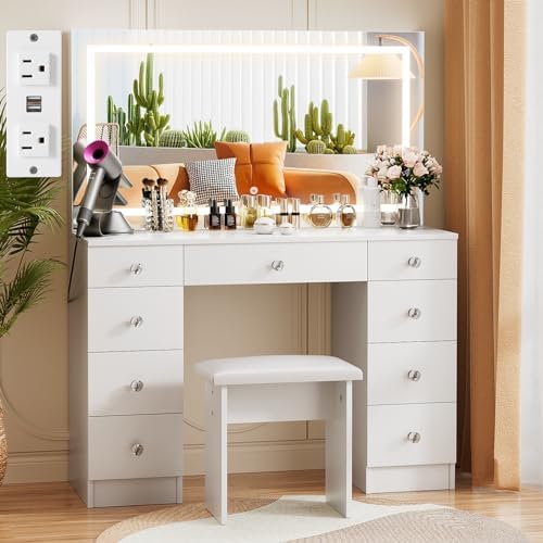 VOWNER Vanity With Lighted Mirror - Makeup Desk With Power Outlet and 9 Drawers, 3 Color Lighting Modes Adjustable Brightness, 43" Table With Soft Cushioned Stool for Bedroom, White
