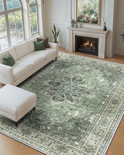 Area Rugs 9'x12' Washable Non-Slip, Floral Vintage Distress Print Pattern Medallion Carpet for Living Room Bedroom Dining Room, Dark Green Gray
