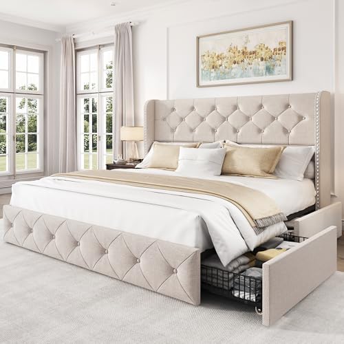LARMACE Queen Size Bed Frame with 4 Storage Drawers and Tufted Headboard Linen Upholstered Platform Bed Frame Wingback Beds with Wooden Slats Support, Easy Assembly, Beige