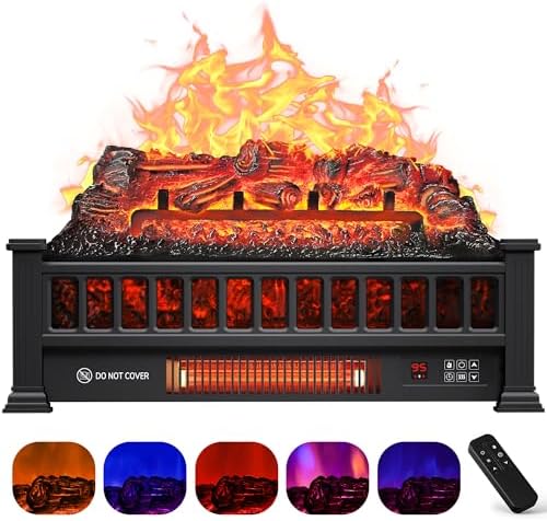 Electric Fireplace Logs Inserts Heater 20-Inch, Remote Controller Fireplace Heater, Adjustable Flame Colors, Realistic Fake firewood Flame, Overheat Protection, Timer, Thermostat, 1500W Black
