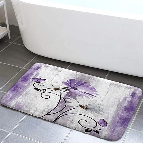 Rustic Farmhouse Bath Mat, Farm Purple Daisy Floral Flowers Butterfly Country Wooden Bath Rug for Bathroom, Grey White Bath Mat Soft Non Slip Bath Rugs, 19X31IN