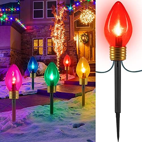 Jumbo C9 Christmas Lights Outdoor Decorations Lawn with Pathway Marker Stakes, 8.5 Feet LED Lights Covered Jumbo Multicolored Light Bulb for Holiday Outside Yard Garden Decor, 5 Lights