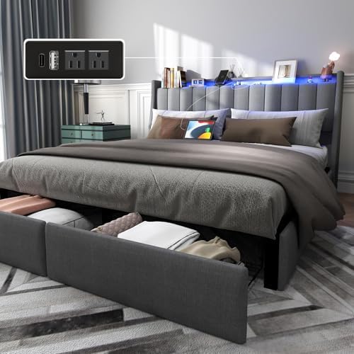 Full Size Bed Frame with Headboard and 2 Storage Drawers, Platform Full Size Bed Upholstered with LED Lights and Charging Station, Steel Slat Support, No Box Spring Needed, Easy Assembly, Gray