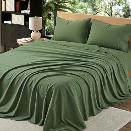 4Pcs Organic Linen Sheets Queen Size, 100% French Linen from Normandy, Breathable Forest Green Queen Sheet Set with 16 Inch Deep Pocket, 1 Flat Sheet, 1 Fitted Sheet, 2 Pillowcases