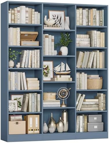FACBOTALL Triple Wide Bookshelf, 6 Tier Large Bookshelf, Bookcase with 17 Open Display Shelves, 74'' Tall Bookcases and Bookshelves for Living Room, Home Office, Library, Blue