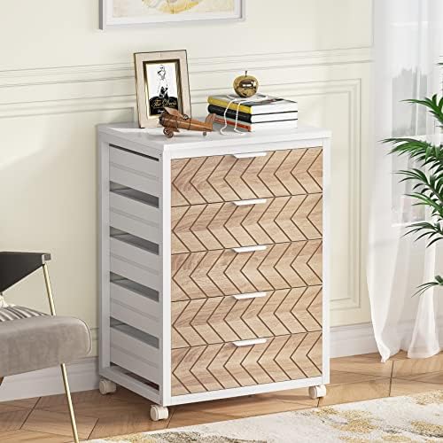 Tribesigns 5 Drawer Chest, Wood Storage Dresser Cabinet with Wheels, Industrial Storage Drawer Organizer Cart for Office Bedroom Entryway (Beige & White, 1 PC)