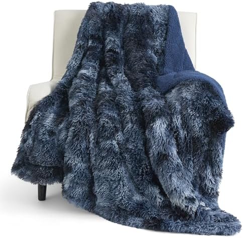 Bedsure Fluffy Navy Blue Throw Blanket Gifts for Women, Men, Soft Fleece Cozy Fuzzy Sherpa Plush Warm Minky Thick Faux Fur Throws for Couch, Tie Dye Blue Decor House Blanket Gifts for Her, 50x60