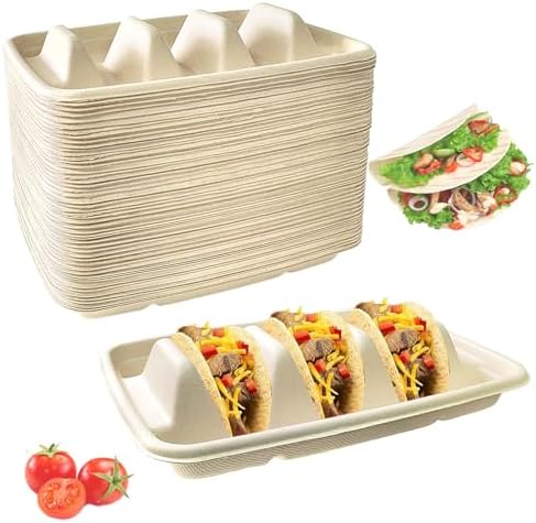 50PCS Disposable Taco Holder for Party,Disposable Taco Plates with 3 Dividers Disposable Taco Holders for Party, Taco Tray Holder, Pulp Fiber Plates Disposable for Taco Tuesday Lazy Susan Taco Bar