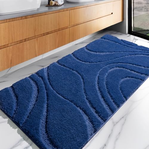 EXDE Bathroom Rugs Mat, Soft Plush Shaggy Microfiber Bath Rug Non Slip Bath Mats for Bathroom Runner Floor Machine Washable Absorbent Carpet for Shower Tub, Navy Blue 24"x47"