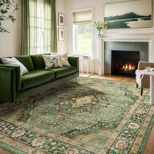 9x12 Rugs for Bedroom, Vintage Washable Rugs Non Slip Large Area Rug for Living Room Dining Room Office, Floor Decoration Big Rug Carpet Low-Pile Kid & Pet Friendly(Border Green)
