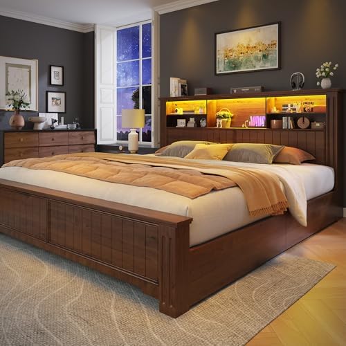 EnHomee King Size Bed Frame and Headboard, King Bed Frame with 4 Drawers Charging Port & LED, Farmhouse Bed Built in Charging Station,No Box Spring Needed,NO Noise,Vintage Brown