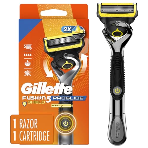 Gillette Fusion5 ProGlide Shield Shaving Razor for Men, 1 Power Razor Handle, 1 Refill, 2x Lubrication, Battery-Powered with FlexBall Handle and Precision Trimmer for Men