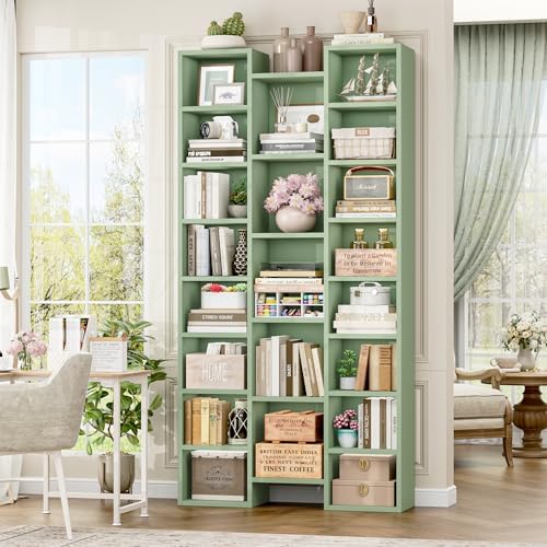 FOTOSOK 71’’ Tall Bookshelf, Triple Wide Bookshelf with Adjustable Shelves, 8 Tier Media CD DVD Storage Tower Rack, Diaplay Cabinet Shelf, Cube Storage Organizer Shelf for Home Office, Green