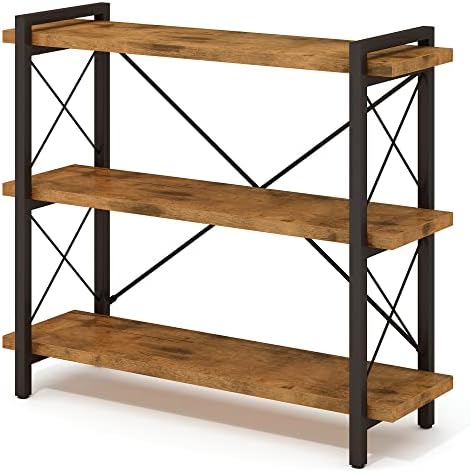 HCHQHS Bookshelf, 3-Tier Industrial Bookcase, Rustic Open Book Shelf, Wood and Metal Horizontal Bookshelves