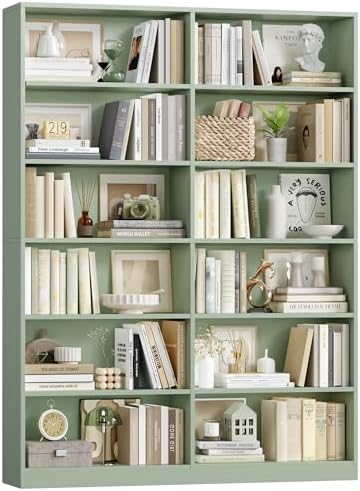 FACBOTALL Bookshelf and Bookcase, 6-Tier Double Wide Bookshelves, Freestanding Display Storage Shelves, Tall Bookcases for Home Decor Bedroom, Living Room, Home Office, Green
