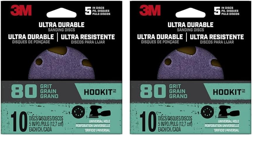 3M Ultra Durable 5 inch Power Sanding Discs, Universal Hole, 80 Grit, 10/Pack (Pack of 2)