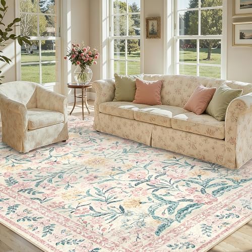 Lahome Large Rugs for Living Room, Boho Machine Washable Area Rugs 8x10, Ultra-Thin Soft Distressed Floral Carpets Non Slip for Bedroom Office Dining Room, Pink/Multi