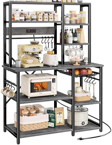 SUPERJARE Large Bakers Rack with Power Outlets, 6-Tier Microwave Stand, Coffee Bar with 12 S-Shaped Hooks, Kitchen Shelf with Wire Basket, 39.3 x 15.5 x 66.9 Inches, Charcoal Gray