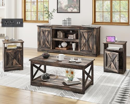 AMERLIFE 4-Piece Farmhouse Table Set Includes Sliding Barn Door TV Stand, Coffee Table& Two End Tables, Side Table with Charging Station and USB Ports, for Living Room, Dark Oak, 66"