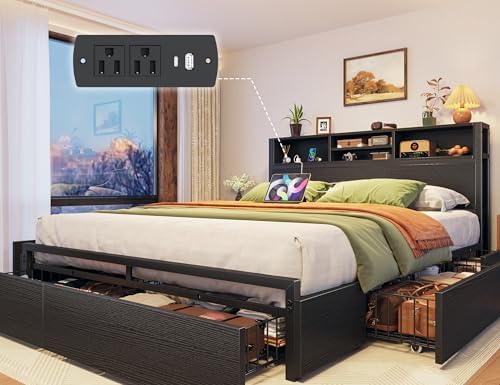 EnHomee Queen Bed Frame with 6 Storage Drawers Queen Bed Frame with Headboard, Storage Bed with Charging Station, No Noise,No Box Springs Needed,Black