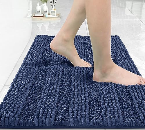 Yimobra Bathroom Rug Mat 32 x 20, Non Slip and Super Absorbent Bath Mat,Machine Washable Quick Dry,Ultra Plush Chenille Shower Rugs for Bathroom Floor Sink Tub and Shower Outside,Navy Blue