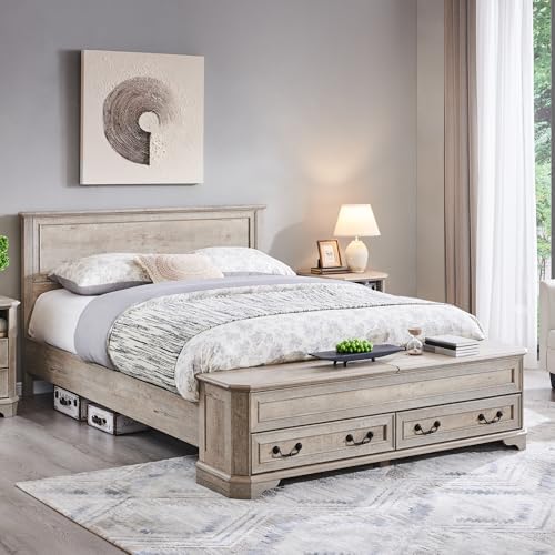 T4TREAM Farmhouse Queen Bed with Headboard and Storage Bench, Rustic Wood Platform Bed with 64" Storage Chest w/ 4 Large Drawer, Light Rustic Oak