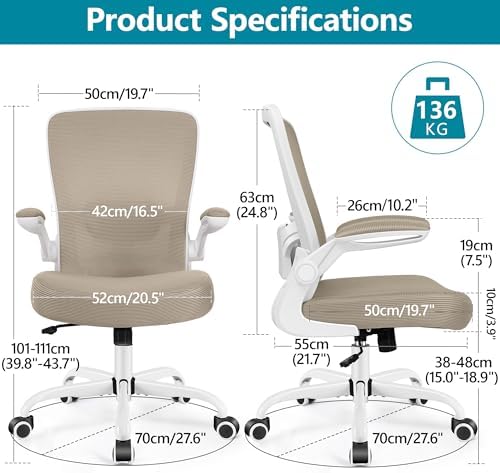 FelixKing Office Chair, Ergonomic Desk Chair Breathable Mesh Chairs Adjustable High Back Lumbar Support Flip-up Armrests, Executive Rolling Swivel Comfy Computer Chairs Home Office Khaki