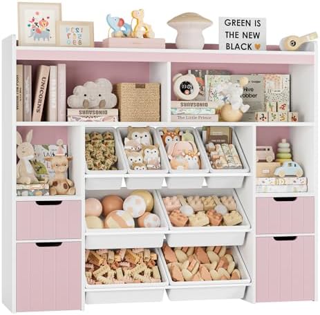 HORSTORS 55" W Toy Storage Organizer with Drawers, Large Kids Toy Storage Box with Removable Bins, Tall Kids Bookshelf and Bookcase for Boys and Girls, Modern Toy Chest for Playroom, Classroom, Pink