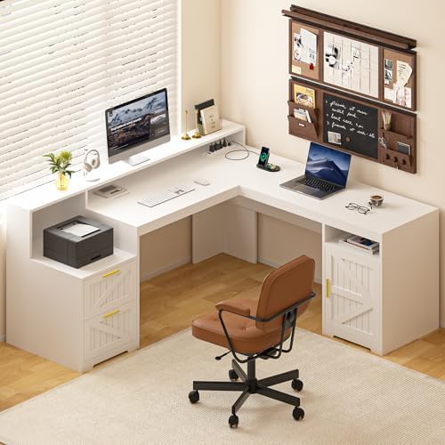 63" Farmhouse L Shaped Executive Desk with Drawers & Storage Shelf, Corner Computer Desk with Power Outlets, L Shaped Office Desk with Monitor Stand, Printer Shelf, White