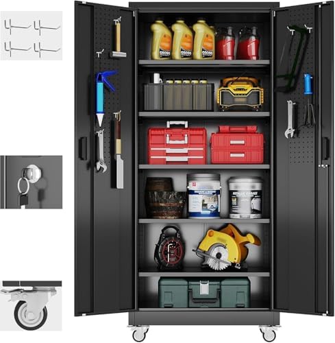 Aobabo Garage Storage Cabinet with Door Pegboard,Lockable Metal Storage Cabinet with 5 Adjustable Shelves for Garage Home,Required Assembly,Black