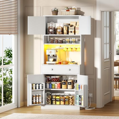71" Tall Kitchen Pantry Storage Cabinet with Power Outlet & LED Light, Freestanding Food Pantry Cabinet with 4 Doors and Shelves, Cupboard with Drawer, Hutch with Microwave Stand, White