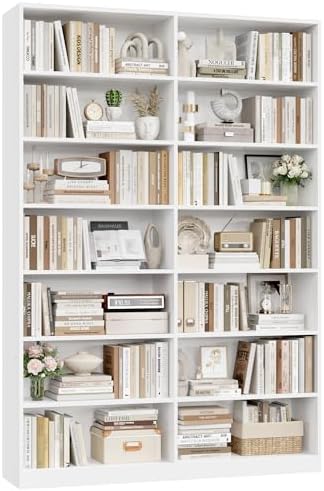 FACBOTALL 83.6" Tall Bookshelf and Bookcase, 7-Tier Extra Large Bookshelf with Double Storage, 14 Open Display Shelves for Home Office, Study and Living Room, White