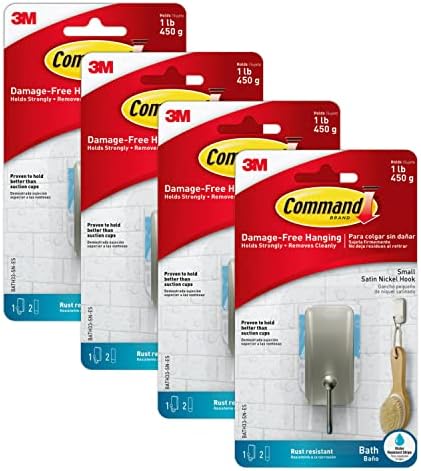 Command BATH33-SN-ES Bath Hooks, Satin Nickel, 4 Count