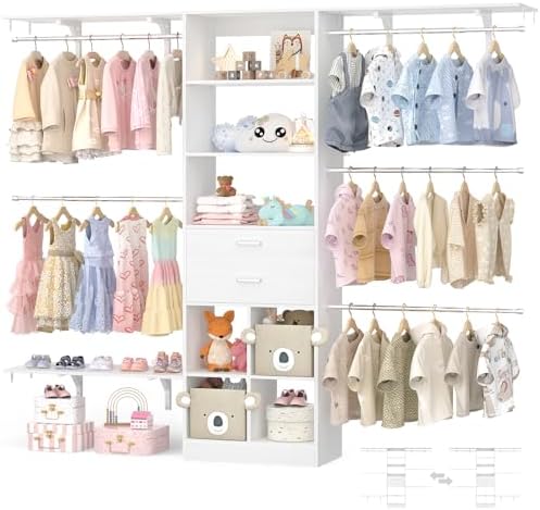Closet System - 4.75-8FT Closet Organizer System with Wooden Drawers & Cube Storage Organizer, Up To 96" Closet Systems for Nursery & Walk-In Closets with Cuttable Hanging Shelving, White