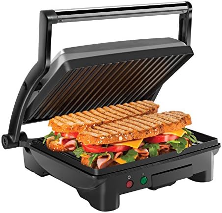 Chefman Panini Press Grill and Gourmet Sandwich Maker Non-Stick Coated Plates, Opens 180 Degrees to Fit Any Type or Size of Food, Stainless Steel Surface and Removable Drip Tray, 4 Slice, Black