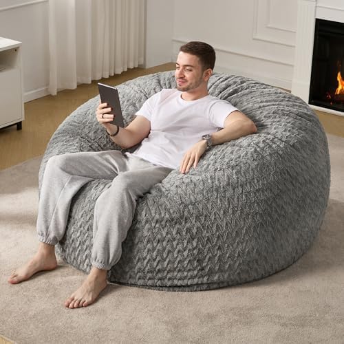 Hobestluk 5ft Bean Bag Chairs for Adults Large Beanbag Chair with Chevron Plush Fur Cover Big Bean Bag Chair for Living Room Bedroom Dorm Office - Grey (50†x 50†x 24â€)