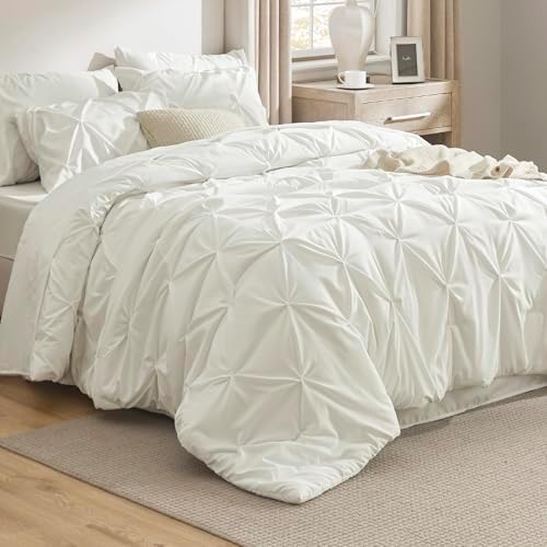 Bedsure Queen Comforter Set Ivory - Bed in a Bag Queen Size 7 Pieces, GentleSoftβ’ Pintuck Bed Set Gift for Family, Pinch Pleat Ivory Comforter with Sheets, Pillowcases & Shams
