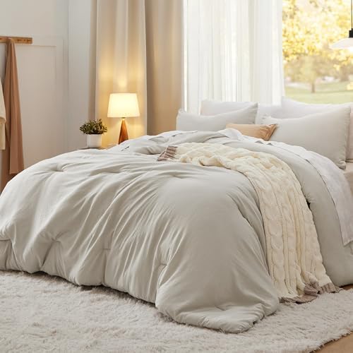 Bedsure Oversized King Size Comforter Set, Beige Soft Prewashed Bedding for All Seasons, 3 Pieces GentleSoft™ Down Alternative Bed Set, 1 Lightweight Comforter (120"x98") and 2 Pillowcases (20"x36")