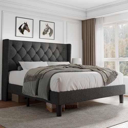 iPormis Queen Size Platform Bed Frame with Button Tufted Headboard, Upholstered Bed Frame with Solid Wooden Slats, 8" Underbed Space, No Box Spring Needed, Noise Free, Easy Assembly, Dark Gray
