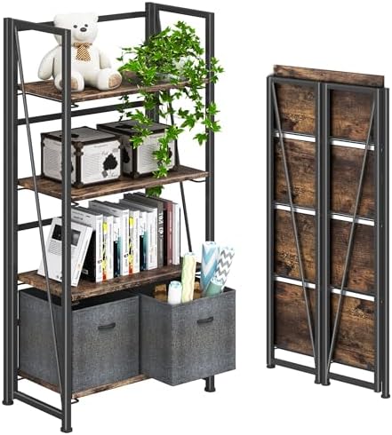 4NM No Assembly Folding Bookshelf Storage Shelves 4 Tiers Vintage Bookcase Standing Racks Study Organizer Home Office (Rustic Brown Black)