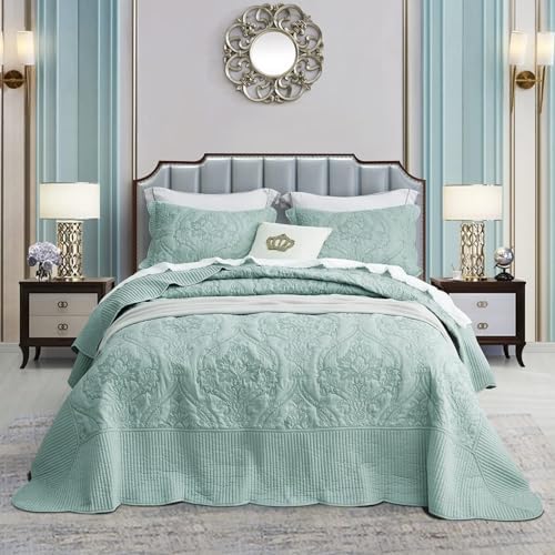 CHIXIN Oversized Bedspread Coverlet Set King Size - Lightweight Bedding Cover - Beautiful Stitching - 5 Piece Reversible Bedspread - Gorgeous Damask Paisley Pattern (King, Seaglass)