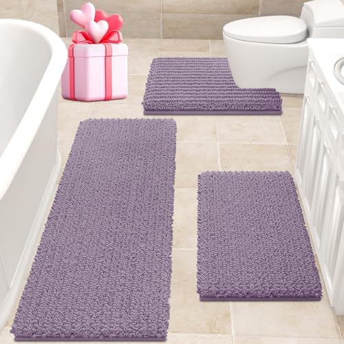 ACCUMTEK Upgrade Extra Large Lavender Bathroom Rug Set 3 Pieces Ultra Soft, Thick Absorbent Bath Mats, Non Slip Chenille Toilet Mat for Bathroom, Bedroom, Kitchen
