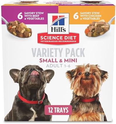 Hill's Science Diet Small & Mini, Adult 1-6, Small Breeds Premium Nutrition, Wet Dog Food, Variety Case: Chicken & Vegetables; Salmon & Vegetables Stew, 12 x 3.5 oz Tray