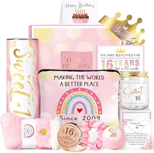 Sweet 16 Gifts for Girls, 16th Birthday Gifts for Girls, Gifts for 16 Year Old Girl, 11 PCS Unique Trendy Sweet Sixteen Gift for Daughter Her, Beautiful Girl 16th Gift, Pink
