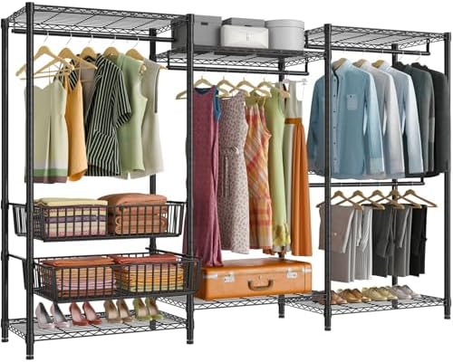 VIPEK V10 Garment Rack Large Size Heavy Duty Clothes Rack with Hanging Rods, Adjustable Shelves & 2 Slid Storage Baskets, Wire Clothing Rack 68.9" W x 15.7" D x 76.4" H, Max Load 920 LBS, Black