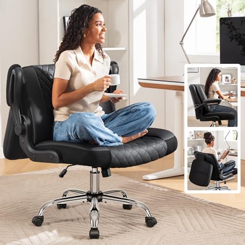 Criss Cross Office Chair with 2-in-1 Flip Backrest – Ergonomic PU Leather Floor Sitting Chair, Adjustable Height, 360° Swivel & Flip-Up Arms, Extra-Wide Seat for Home Office, Vanity, Nail Salon-Black