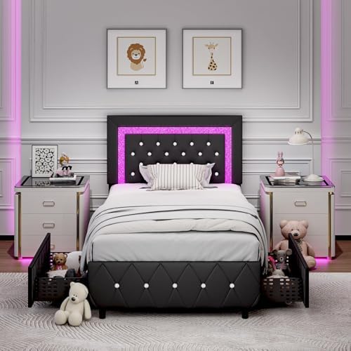 BarnFurin Twin Bed Frames with LED Lights and Storage Drawers, Upholstered Bed Frame with Diamond Headboard, Faux Leather Modern Platform Bed, Wooden Slats Support, No Box Spring Needed, Black