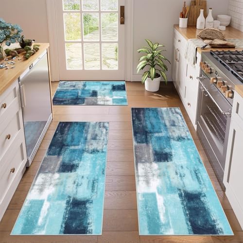 Pauwer Kitchen Mats for Floor 3 Piece Set Boho Non Slip Kitchen Rugs Washable Farmhouse Kitchen Floor Mats Thick Long Kitchen Throw Area Rug Carpet Runner for Hallway Entryway Laundry Bathroom, Teal