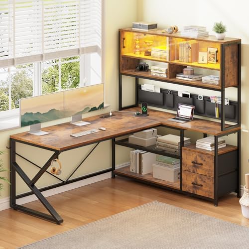 SEDETA L Shaped Computer Desk, Home Office Desk with 2 Drawer and Bookshelf, L Shaped Gaming Desk with LED Light, Glass Cabinet and Storage Bag, Corner Desk with Storage Shelves, Rustic Brown
