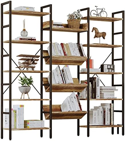 IRONCK Bookshelves and Bookcases 5 Tiers, Triple Wide Industrial Bookshelf, Large Etagere Bookshelf, Display Storage Bookshelves with Metal Frame for Living Room, Home Office